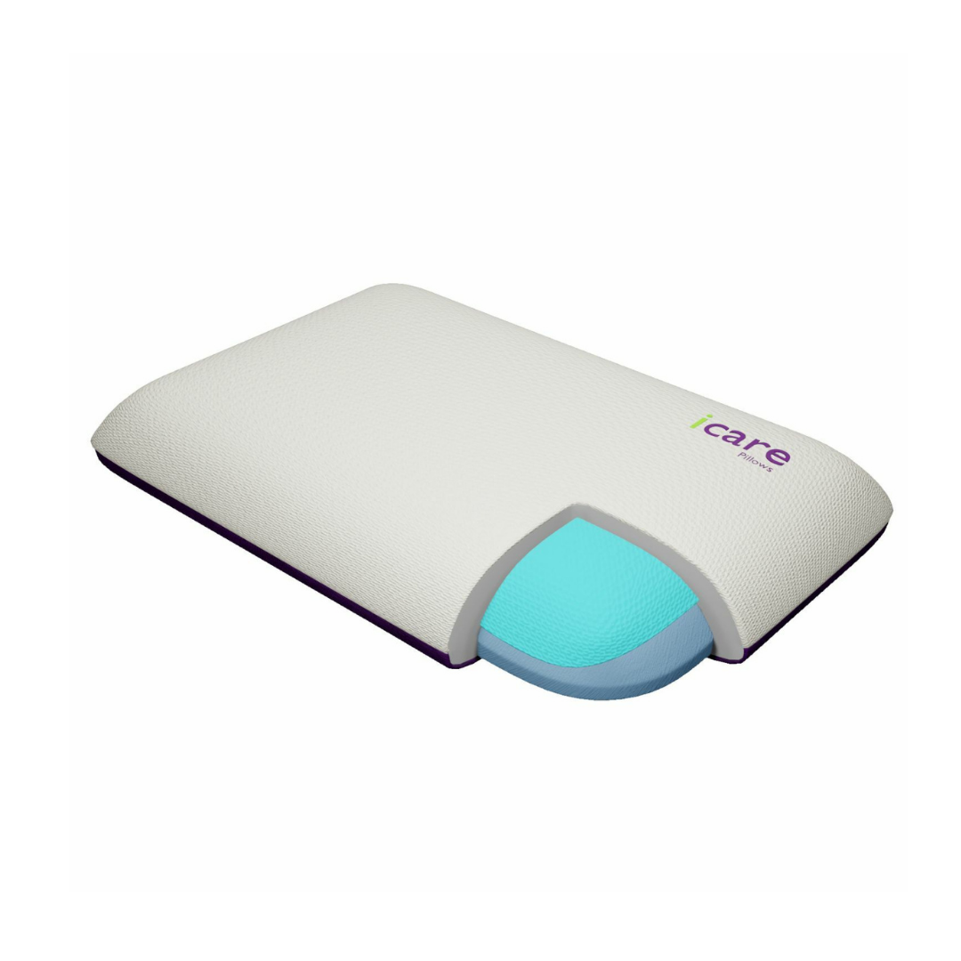The iCare Medical Classic Pillow features a rectangular design with a white cover and icare printed in purple and green. A partially exposed blue cooling gel insert offers support, making it ideal for hot sleepers seeking breathable comfort.